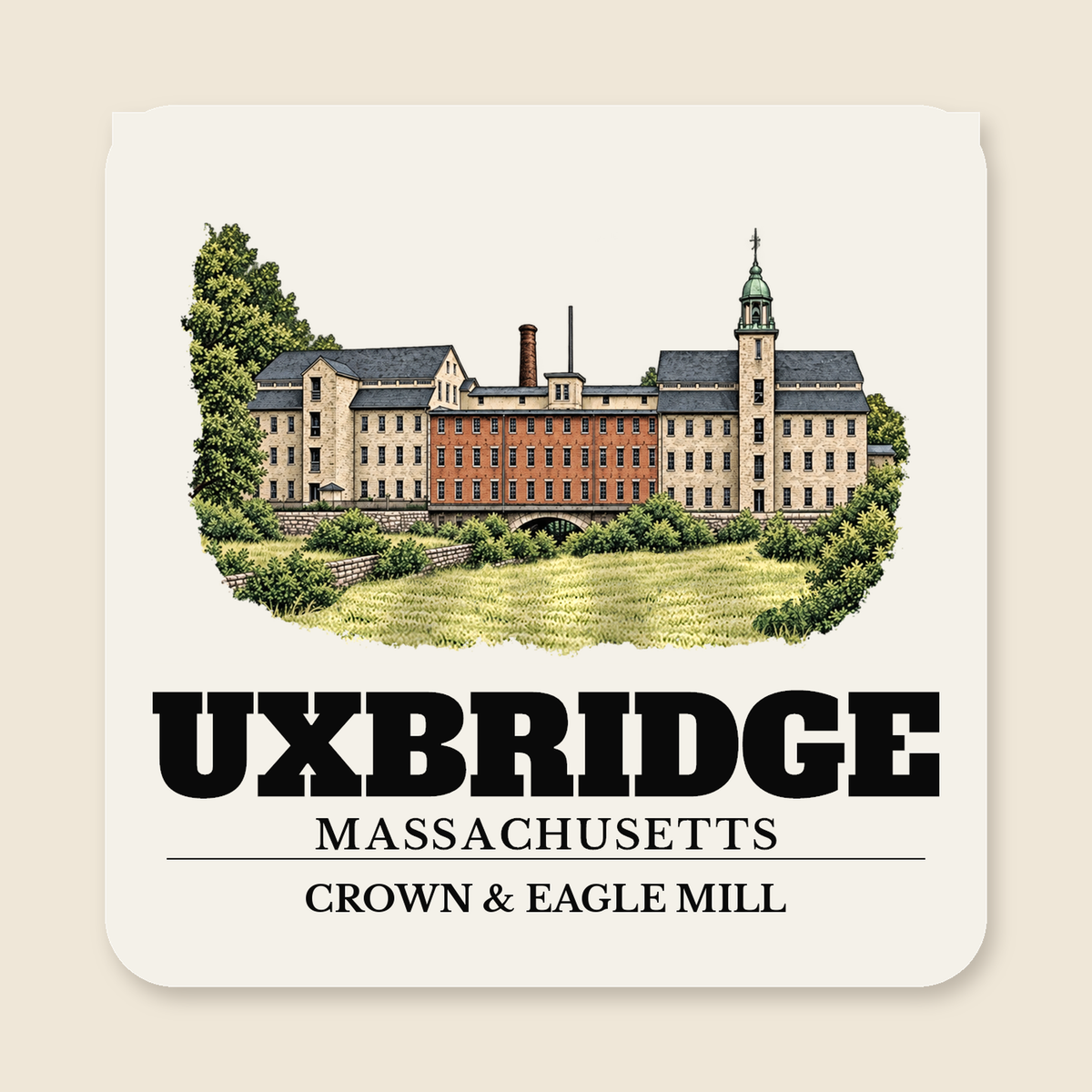 Uxbridge Crown Eagle Mill 4 in magnet shown on a cream background
