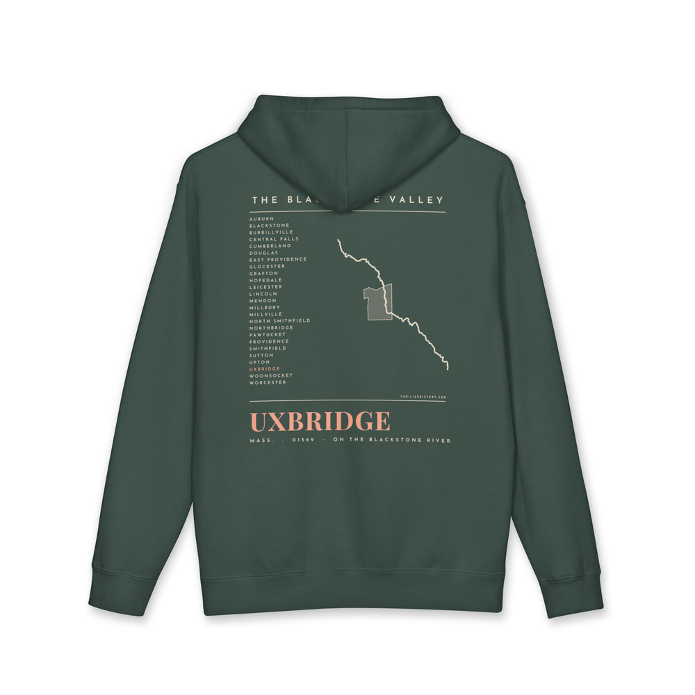 Uxbridge River Map Hoodie in Alpine Green, back
