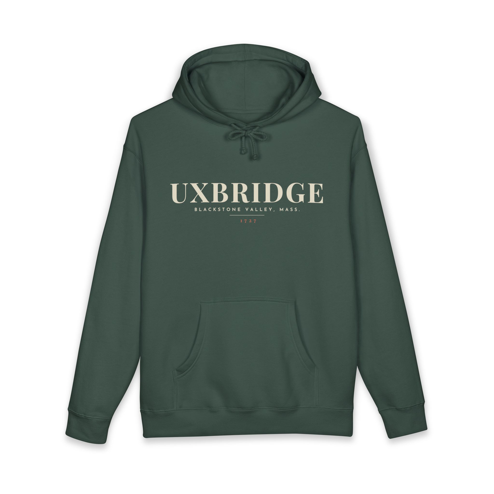 Uxbridge River Map Hoodie in Alpine Green, front