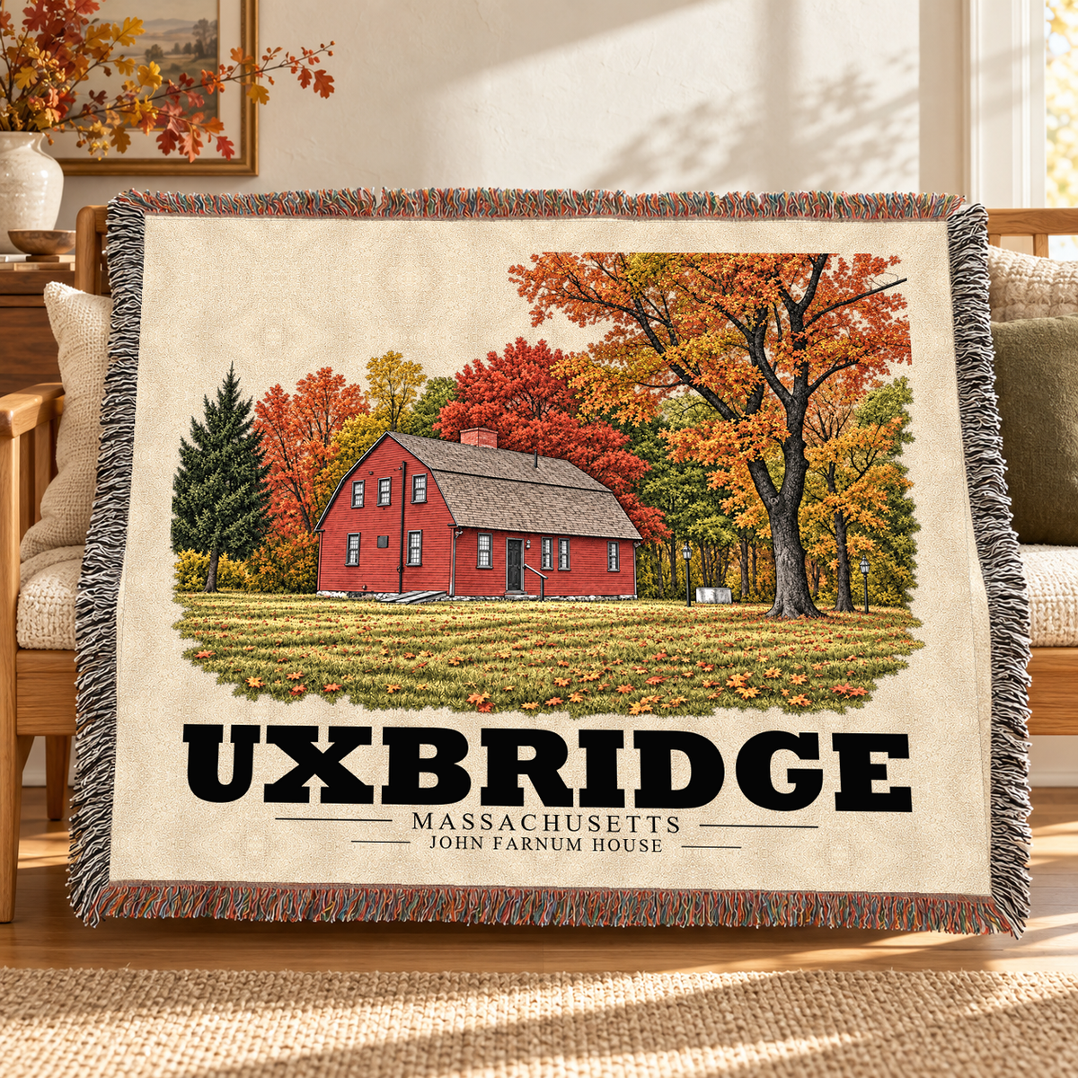 Illustrative lifestyle composite of the John Farnum House woven blanket with dark Uxbridge lettering in a sunlit room.