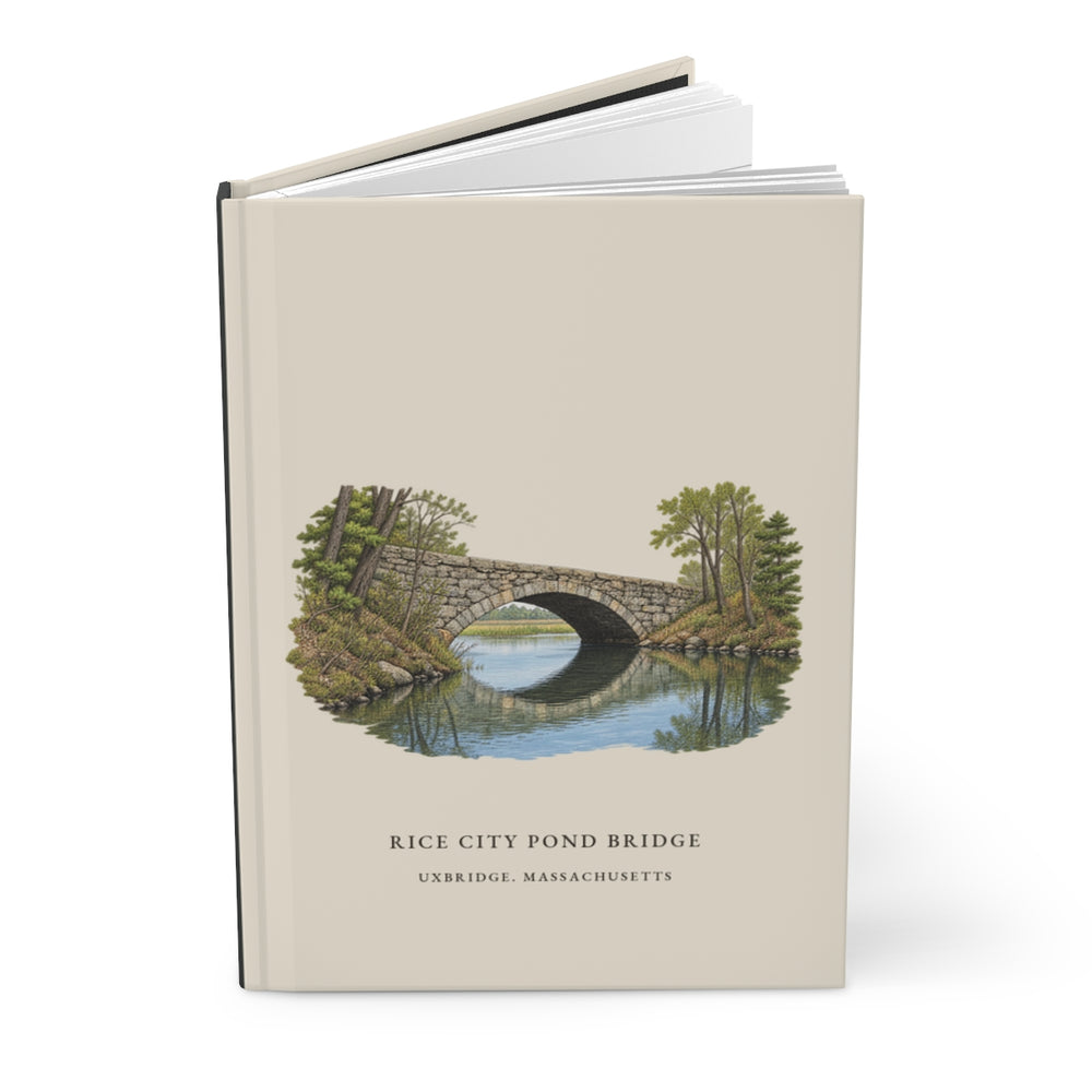Uxbridge Rice City Pond Bridge journal mockup showing the illustrated cover