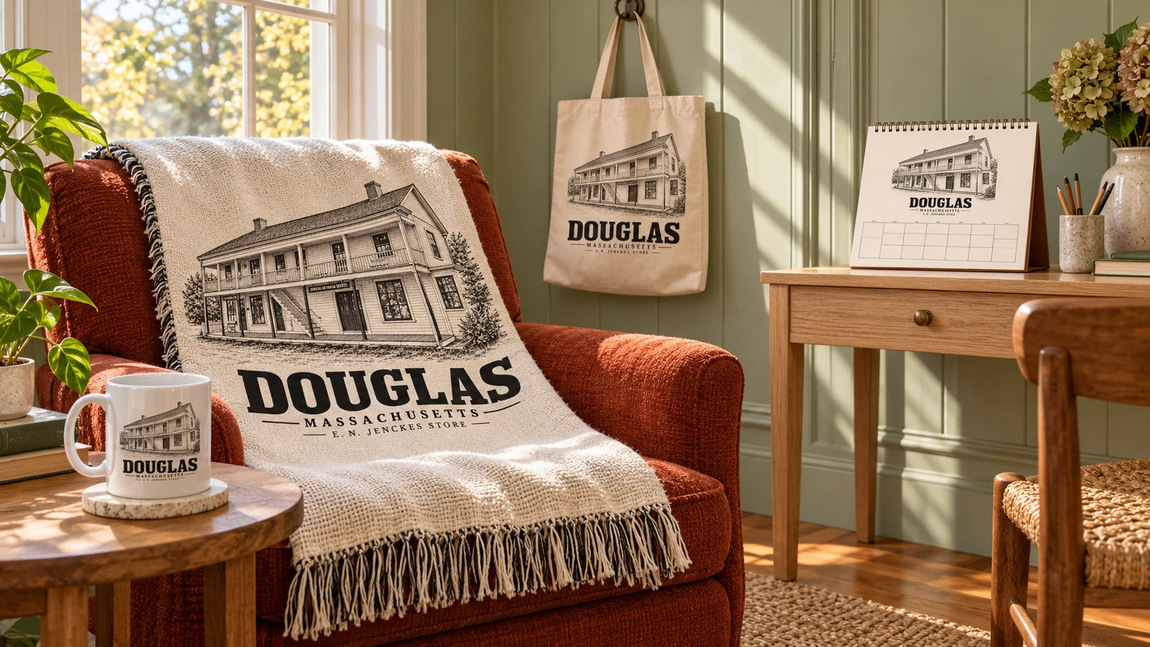 Illustrative Douglas reading room with E. N. Jenckes Store artwork on a blanket, calendar, white mug and natural canvas tote.